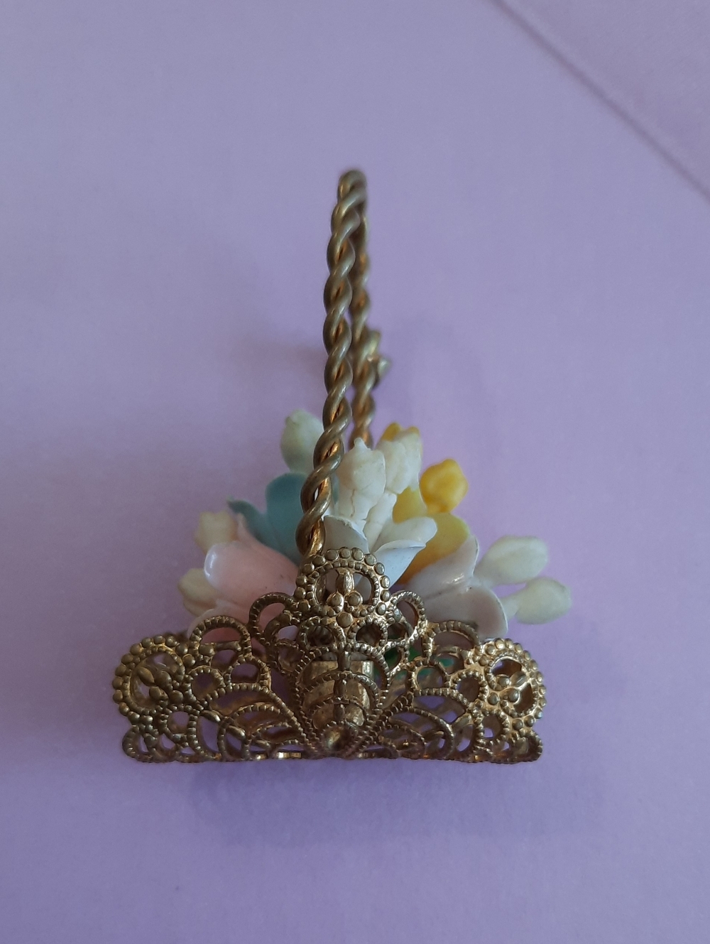Vintage Gold Floral Filigree Basket Brooch with Pastel Flower Accents